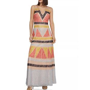 BCBGMAXAZRIA Color-Block Lace-Appliqué Maxi Dress